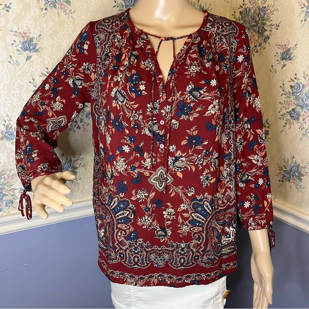 Lucky Brand Bohemian Floral 3/4 Tie Sleeves Top Size S